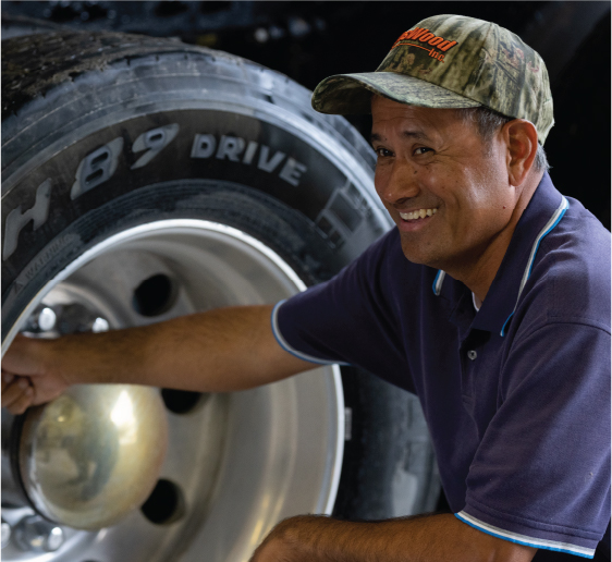 About Transwood Image - Trucker checking tires and hubcaps